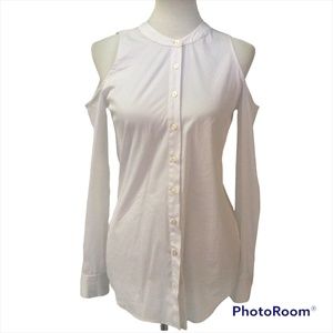 0039 ITALY  White Mandarin Collar "Cold Shoulder" Button-Up, XS